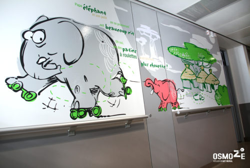Décoration Murale Artistique > CHU Hôpital Belfort Montbéliard > Enfant Pédiatrie > Accueil Animaux Connectés decoration murale pediatrie hopital savane