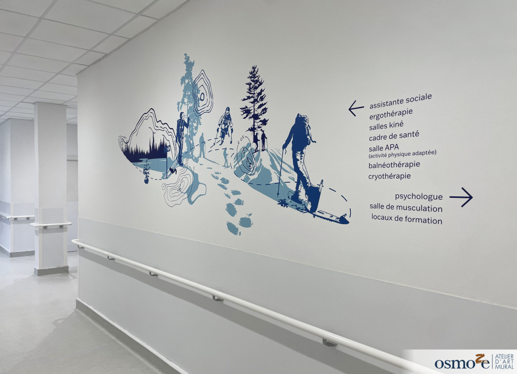 Osmoze met son art mural au service du Centre Hospitalier public de Hauteville (01) 28 Fresque et signalétique directionnelle